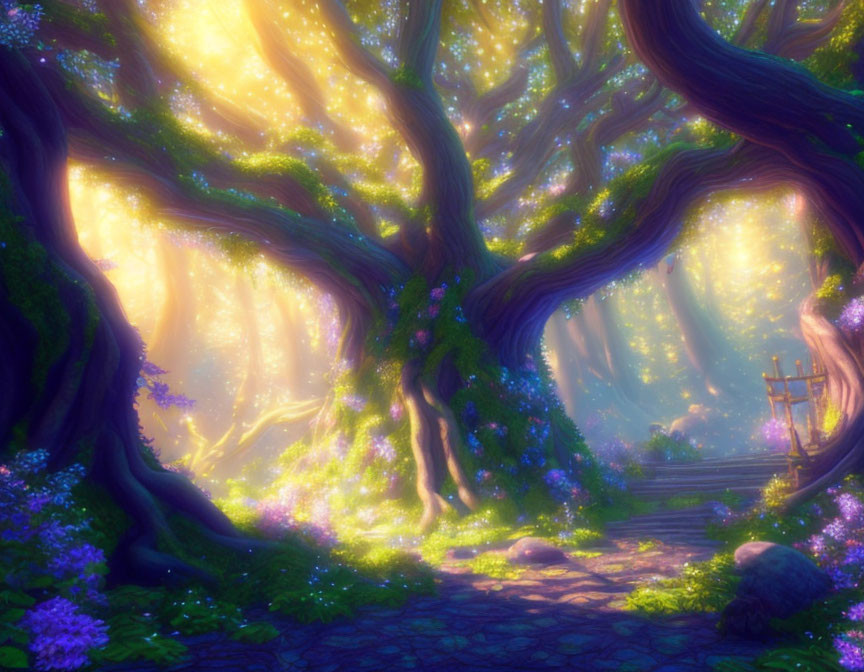 Ethereal sunlit forest with towering trees and purple flowers