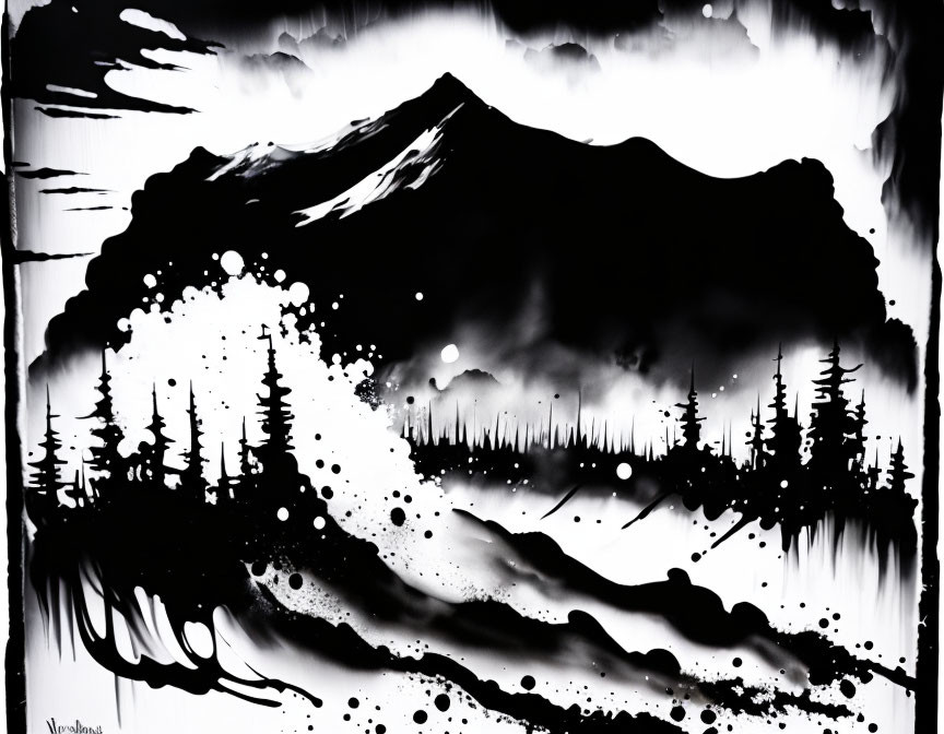 Monochromatic artwork of rugged mountain peak with forest in high-contrast black and white ink.