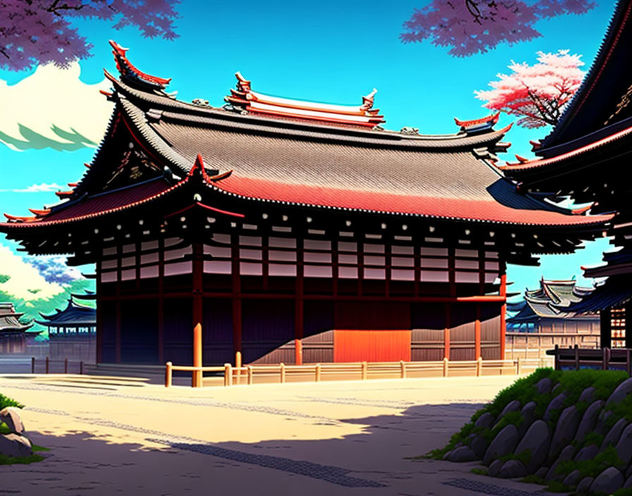 Traditional Japanese Temple with Red Facade & Cherry Blossoms