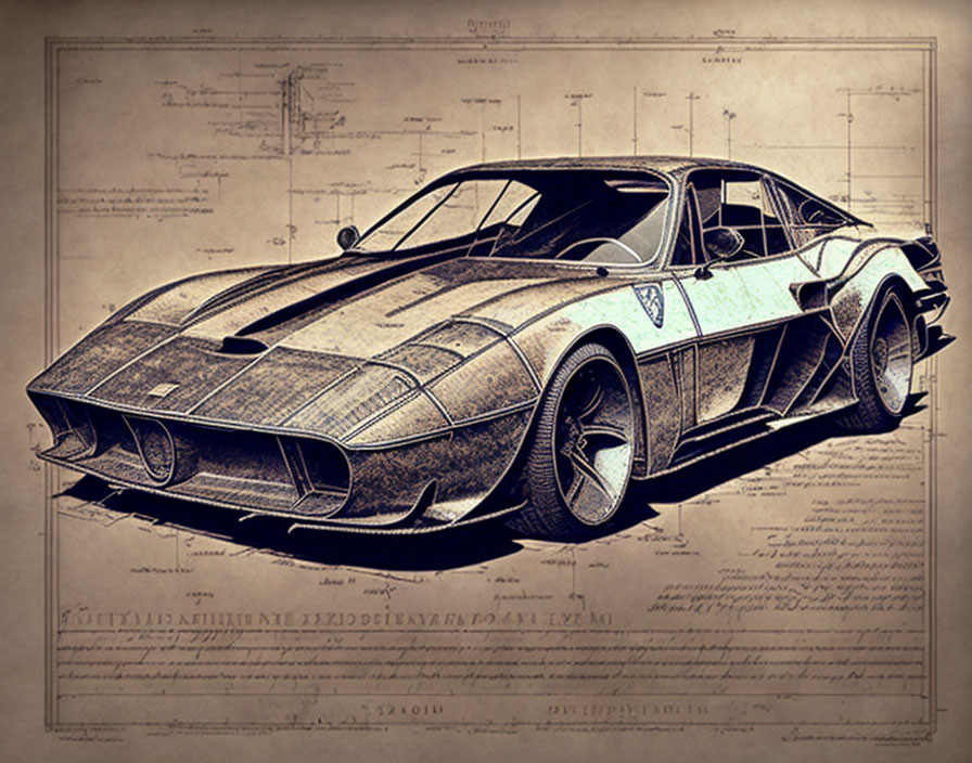 Classic Sports Car Illustration with Vintage Blueprint Theme