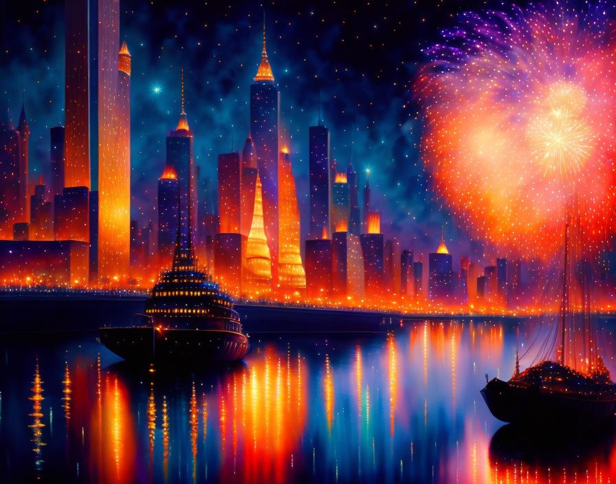 Colorful cityscape fireworks display over water with boats