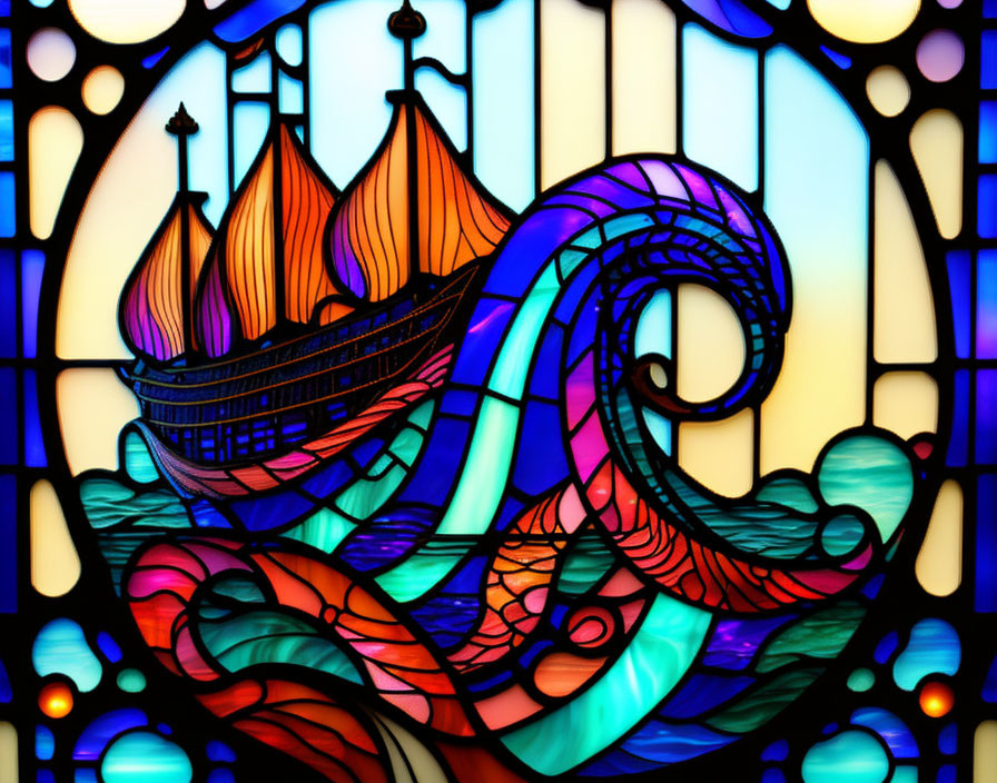 Colorful Stained Glass Artwork: Ship on Wavy Seas