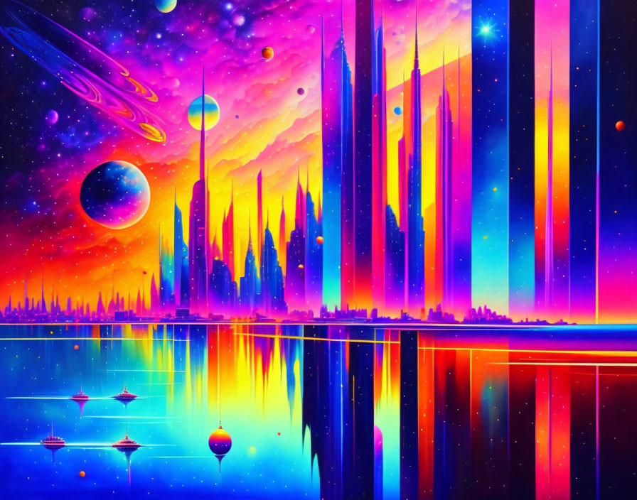 Futuristic cityscape with towering spires in psychedelic sky