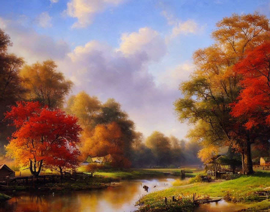 Tranquil autumn river landscape with colorful foliage and grazing cow.