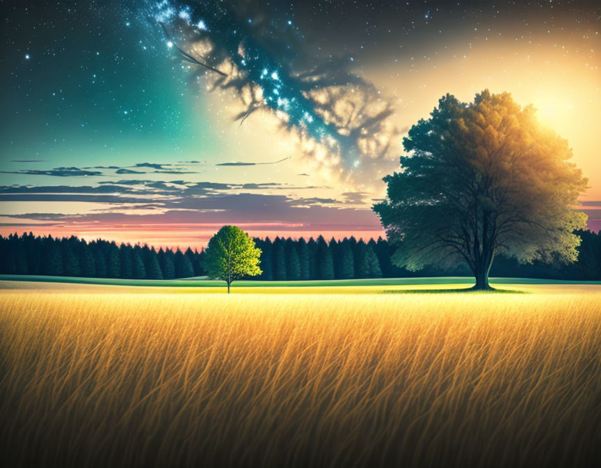 Twilight landscape with golden wheat field, tree, forest, and starry sky