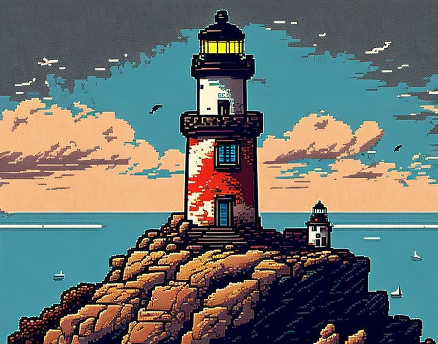 Detailed pixel art of lighthouse on rocky outcrop by the sea at dusk