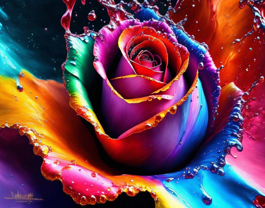 Multicolored rose with water droplets on dark background.