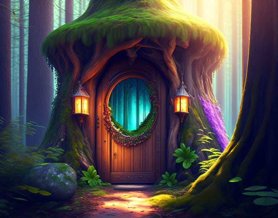 Magical forest scene with enchanting treehouse and mystical lighting