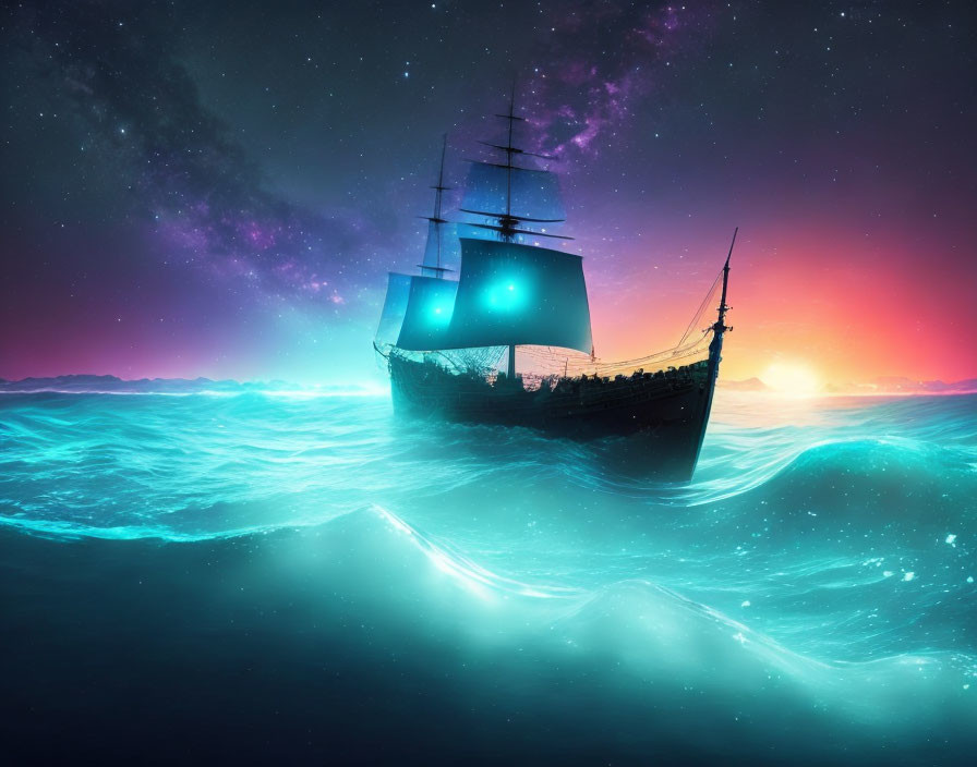 Sailing ship on luminous ocean under starry night sky transitioning to vivid sunrise