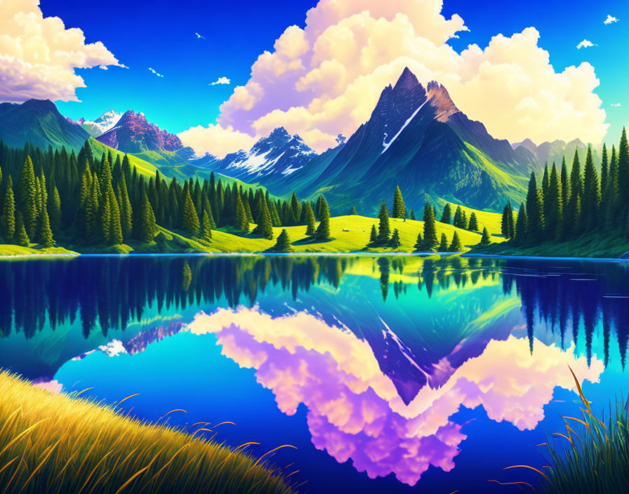 Scenic landscape with clear lake, mountains, clouds, and pine trees