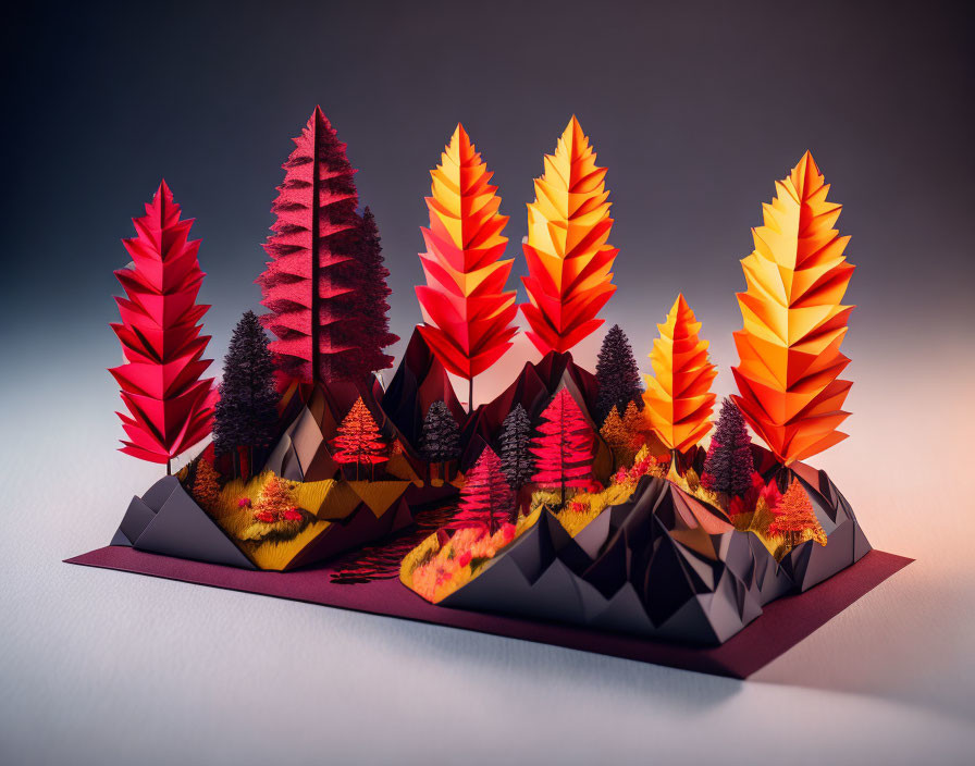 Colorful Paper Art Landscape with Stylized Trees & Textured Mountains