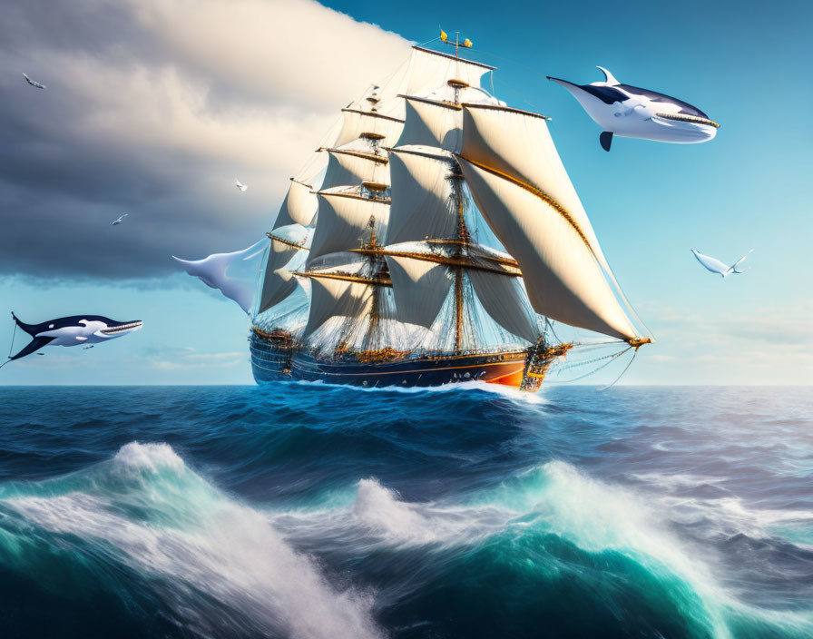 Majestic sailing ship with billowing white sails gliding over the ocean