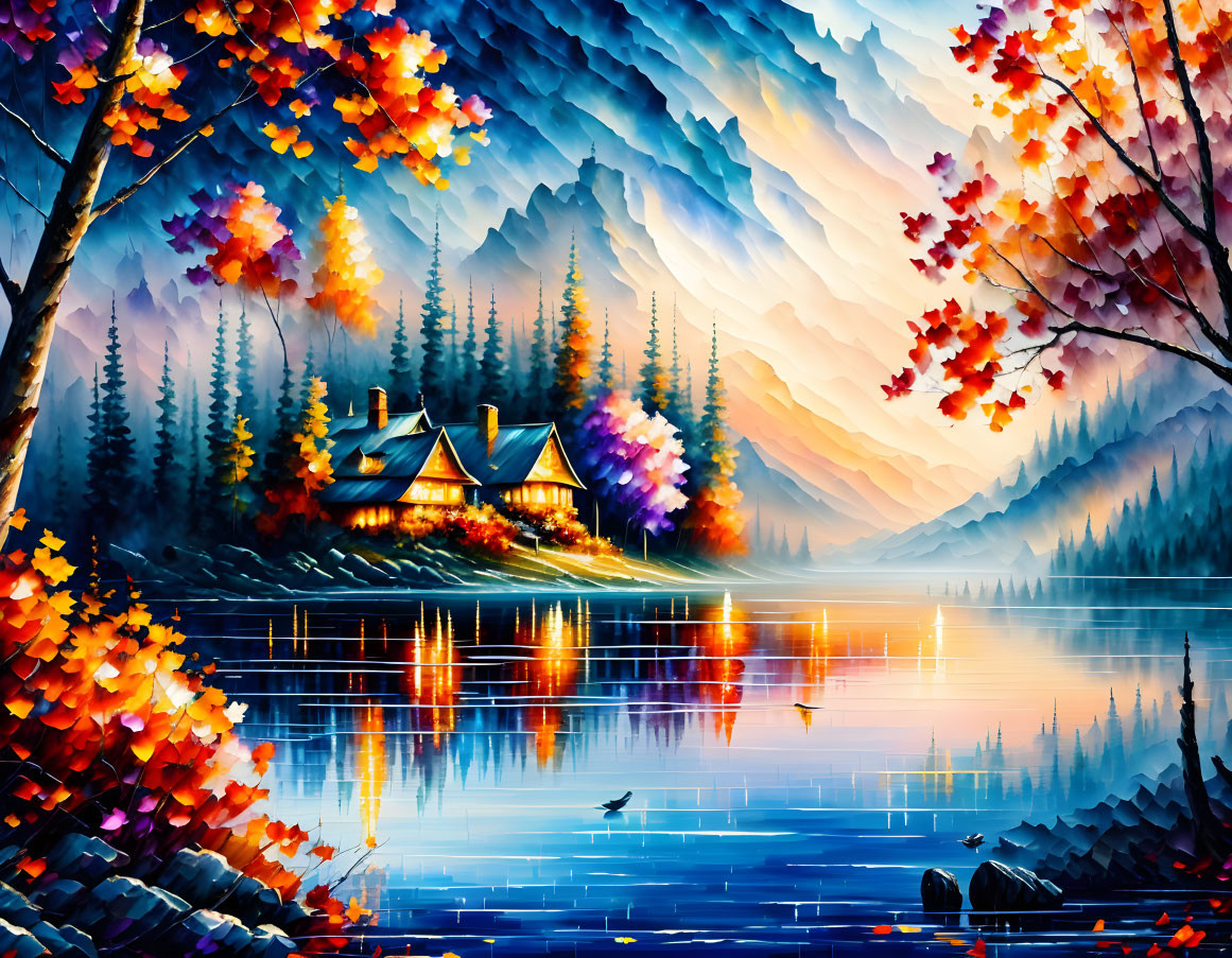 Tranquil lakeside scene with autumn foliage and cabin by misty blue mountains