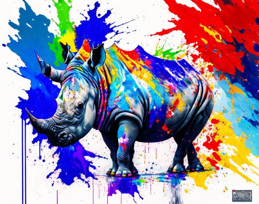 Colorful Rhinoceros Digital Artwork on White Background