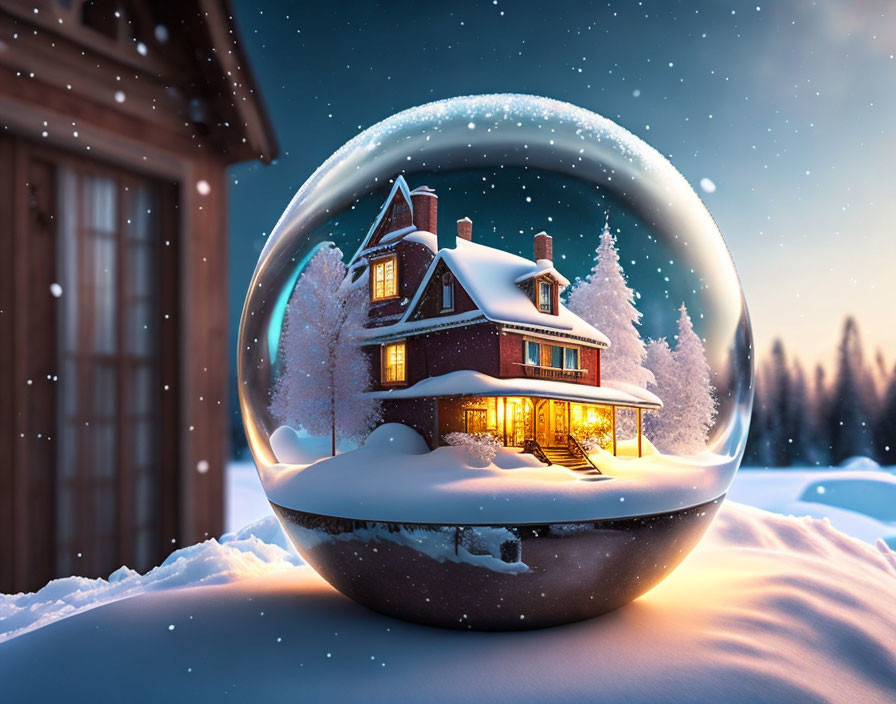 Snow-covered house in illuminated snow globe at twilight