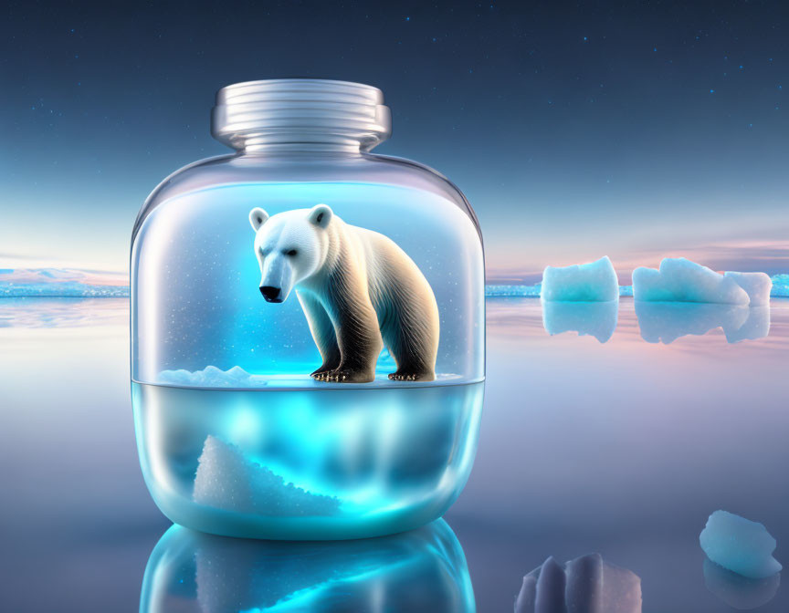 Polar Bear in Transparent Jar with Arctic Background