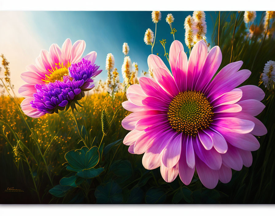 Vibrant pink and purple gerbera daisies against a golden sunset and wildflower field