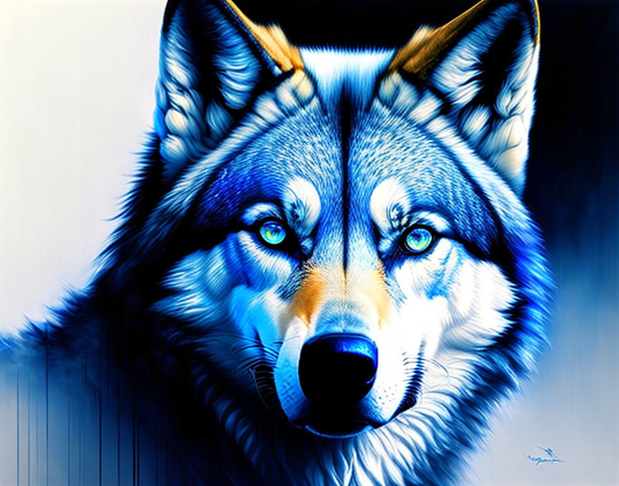 Blue-tinted wolf with detailed fur texture and piercing eyes.
