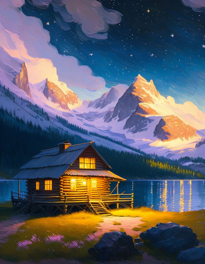 Secluded cabin by serene lake at dusk