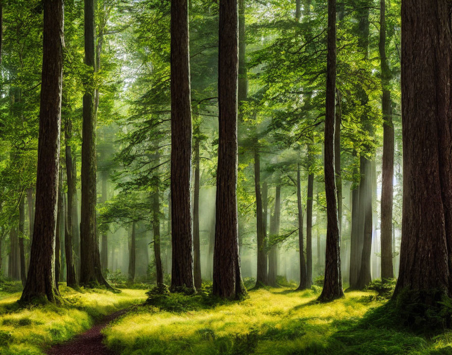 Dense forest scene: Sunlight on green underbrush & tall tree trunks