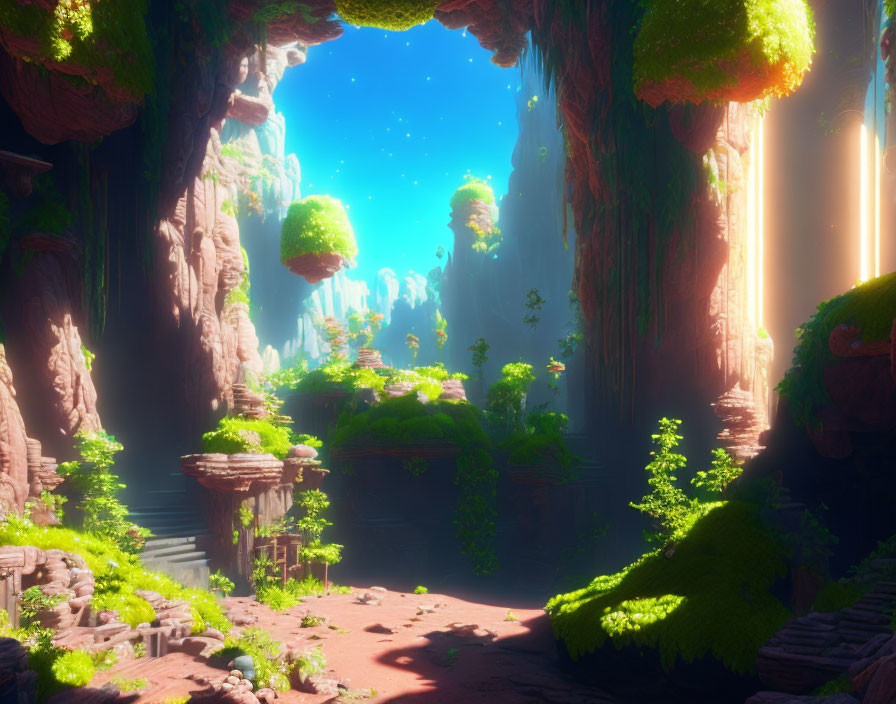 Sunlit cave with lush vegetation and floating islands.