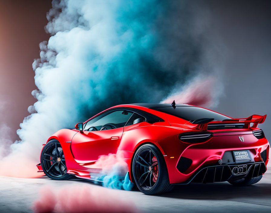 Red sports car burning out with smoke against moody backdrop