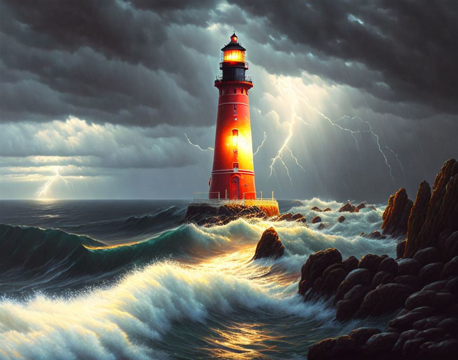 Red lighthouse in stormy seas with crashing waves and lightning