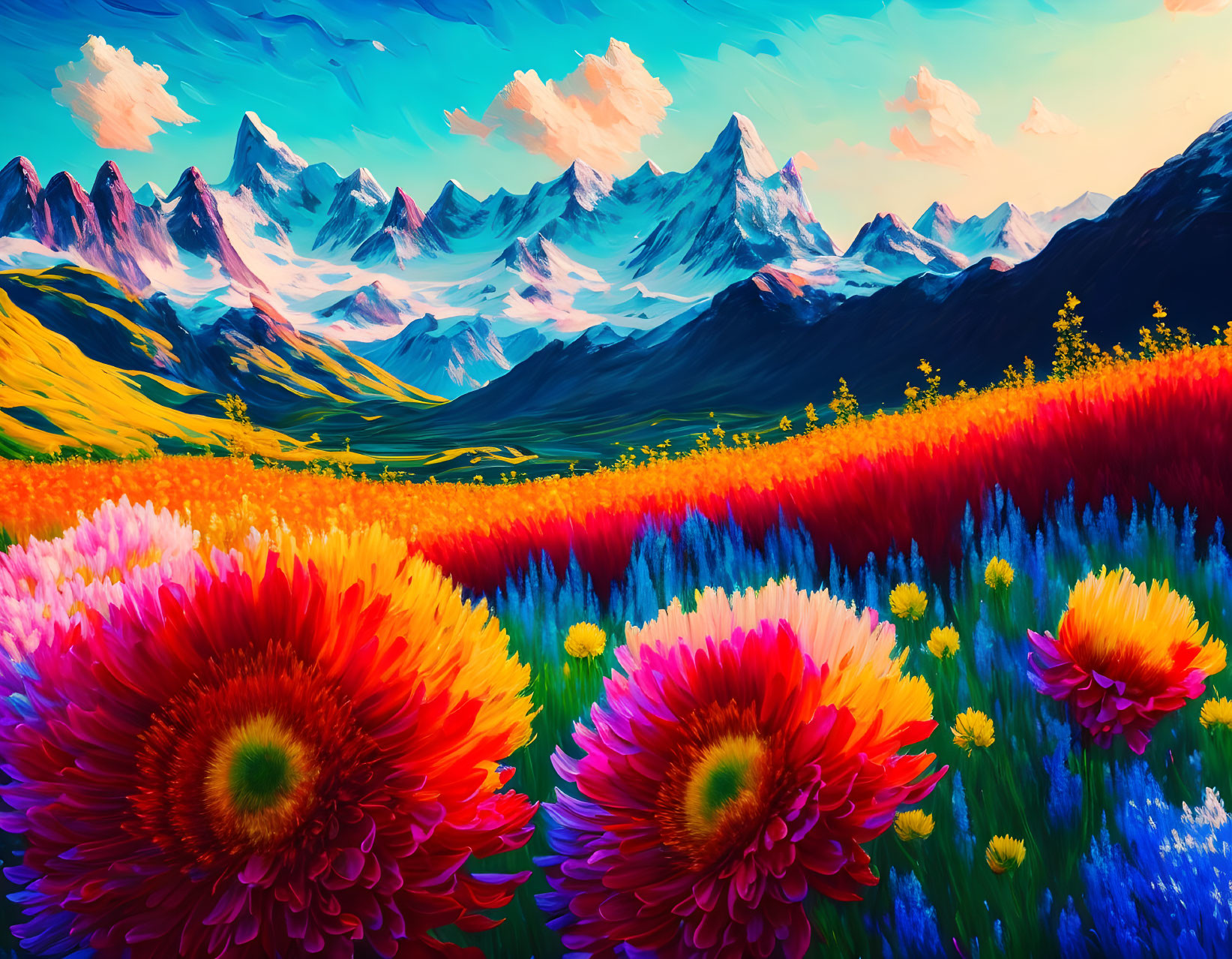 Colorful Flower Meadow Painting with Snow-Capped Mountains