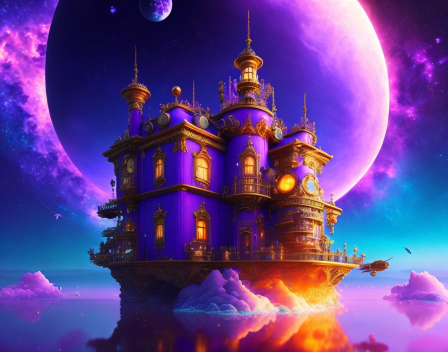 Vivid Purple and Gold Floating Palace with Large Moon