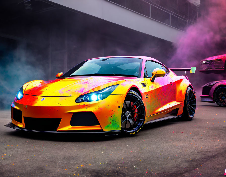 Colorful Multicolored Paint Splatter Sports Car in Purple Smoke