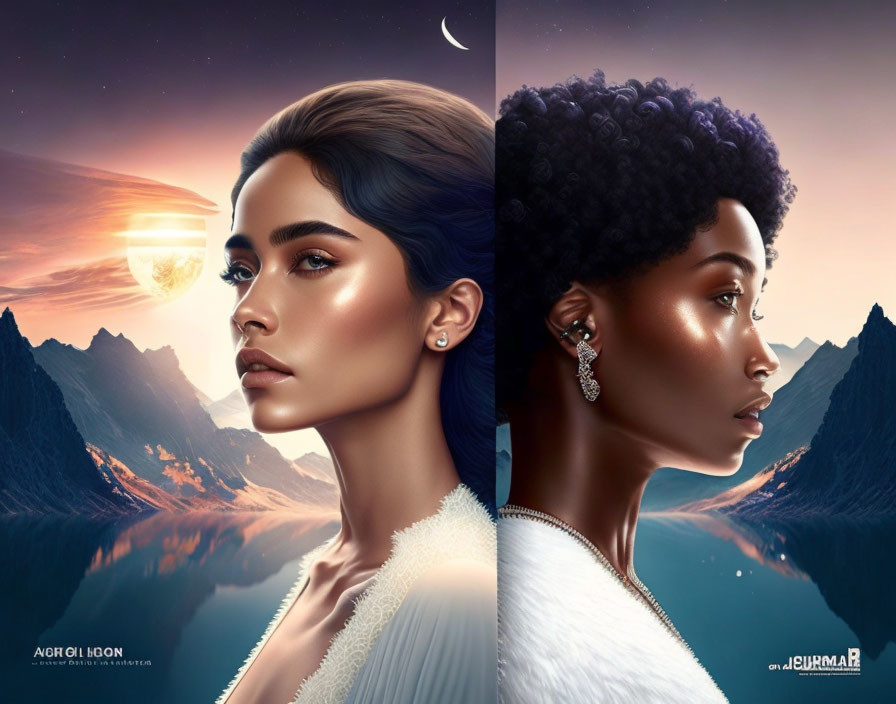 Stylized portraits of women with mountains and sun/moon in background at sunset and twilight