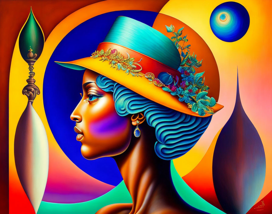 Colorful portrait of woman with floral hat on vibrant background