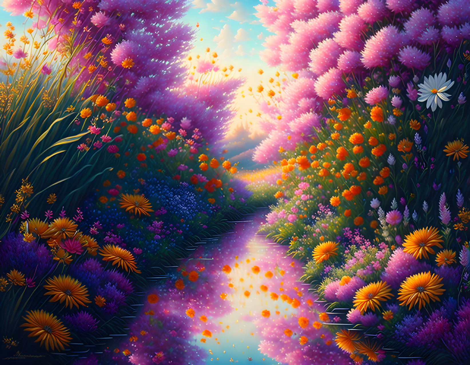 Colorful Flower-Lined Path at Sunset