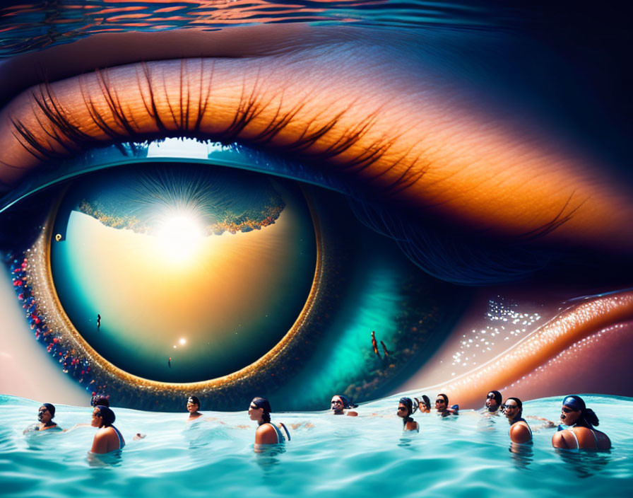 Surreal image: human eye and underwater scene with floating people against sunrise