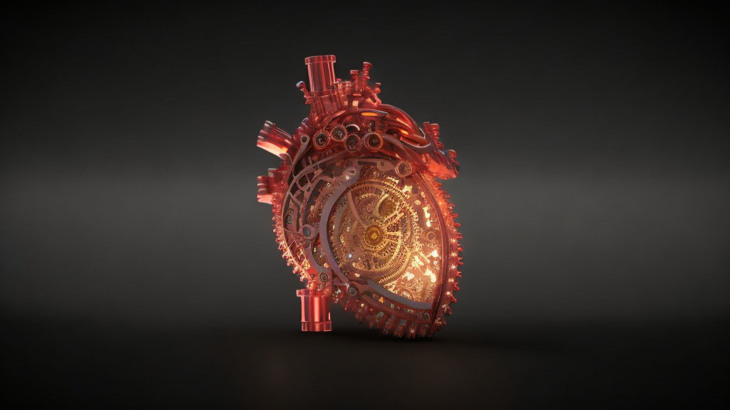 Intricate steampunk mechanical heart with gears and pipes on dark background