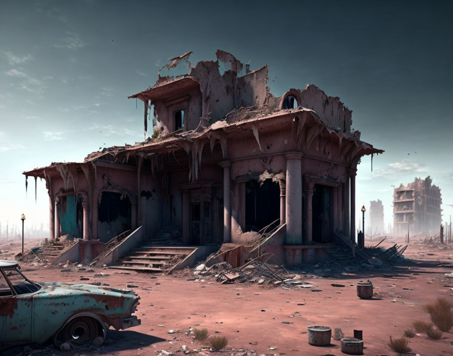 Abandoned two-story building with crumbling walls and rusting car in a desolate setting