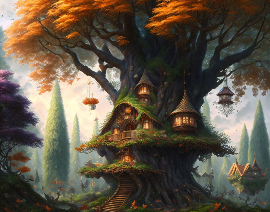 Enchanting treehouse in vibrant forest with grand tree, autumnal leaves, stairways, lantern