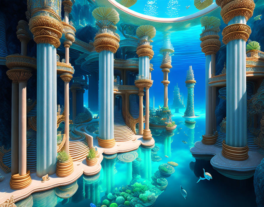 Ornate columns and arches in vibrant underwater scene