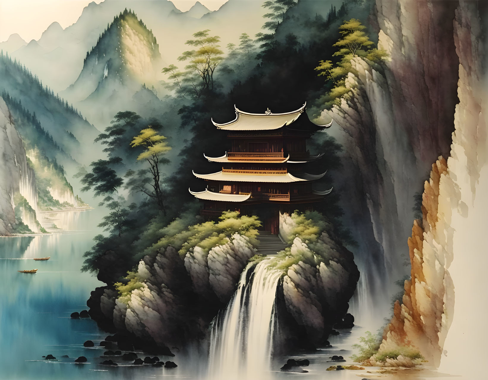 Asian Pagoda Over Waterfall in Mountain Setting