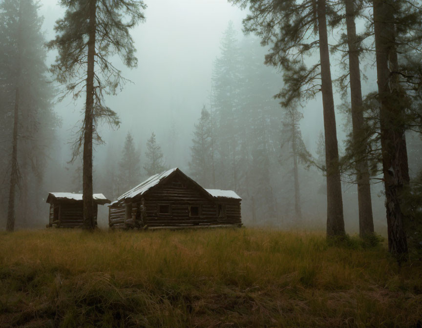 Serene foggy forest cabin scene with tall pine trees