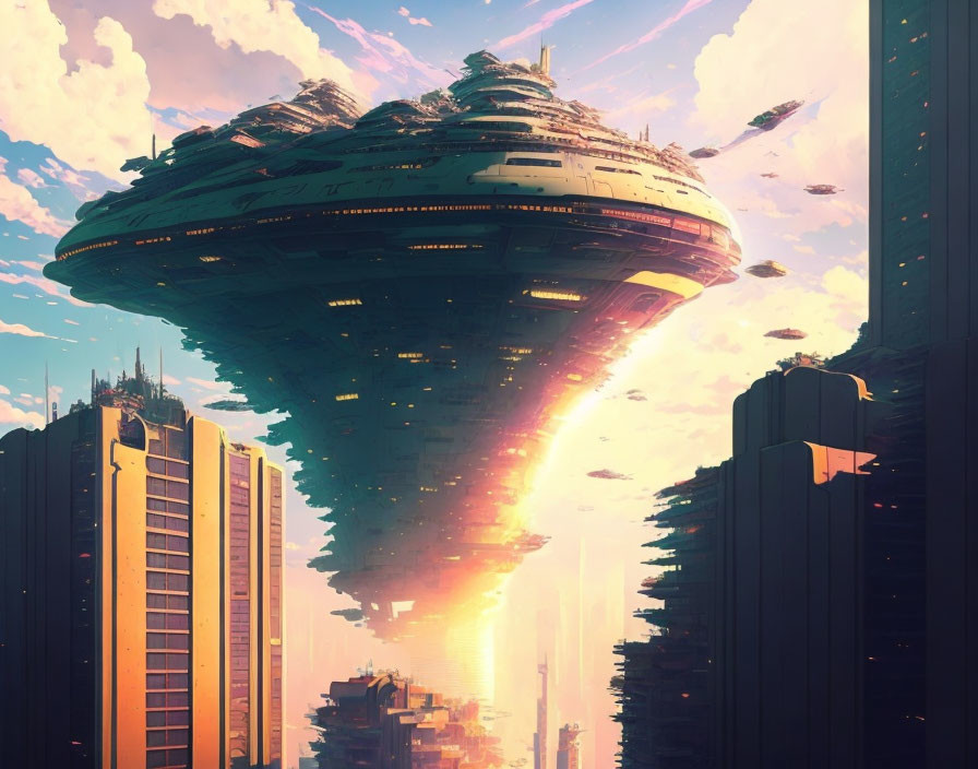 Giant spaceship over futuristic cityscape at sunset