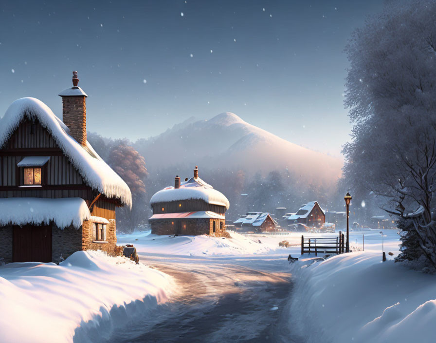 Snow-covered cottages and falling snowflakes in serene winter scene