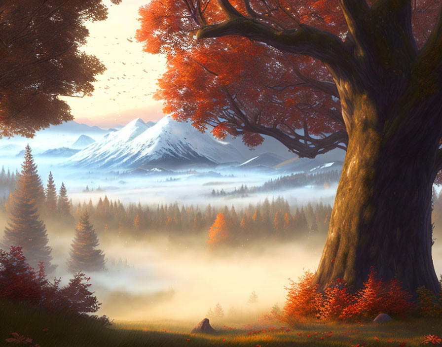 Serene autumn landscape with large tree, orange leaves, misty forest, and snowy mountains