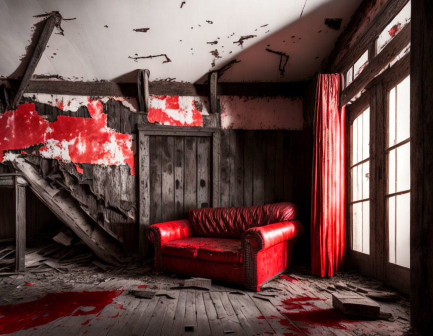Dilapidated room with peeling red paint and dusty sofa