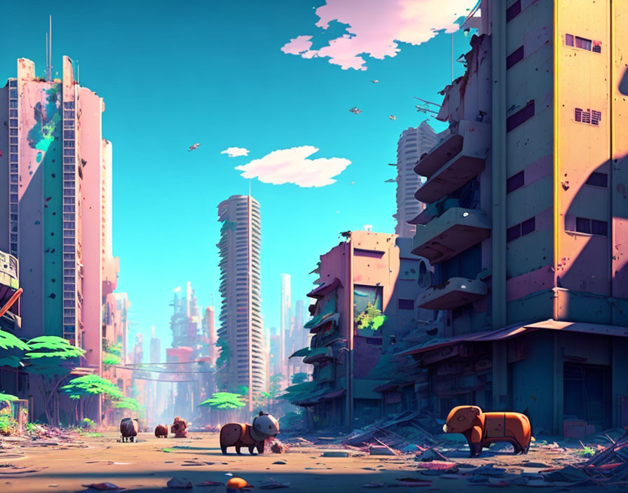 Vibrant post-apocalyptic cityscape with overgrown buildings and mechanical panda creatures