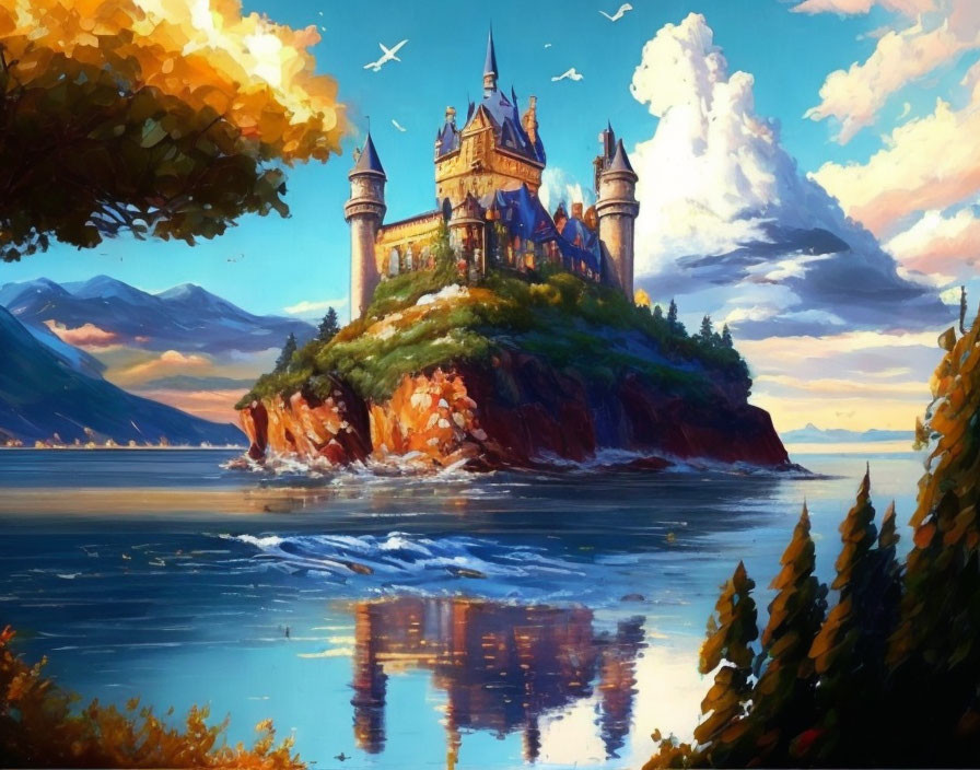 Majestic castle on rocky island with serene lake and mountains.