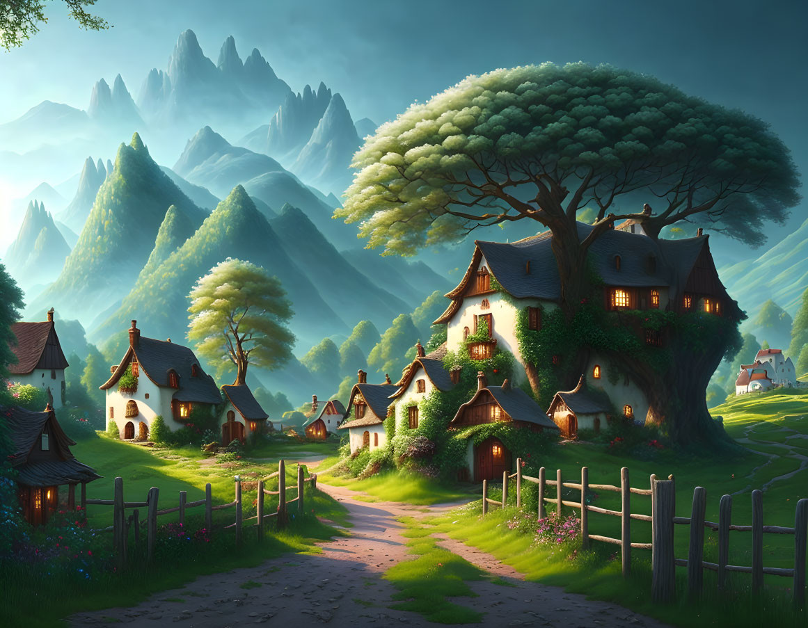 Tranquil village scene with cottages, greenery, and mountains at sunset