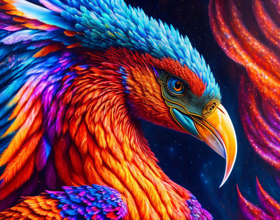 Colorful bird with rainbow feathers in cosmic background