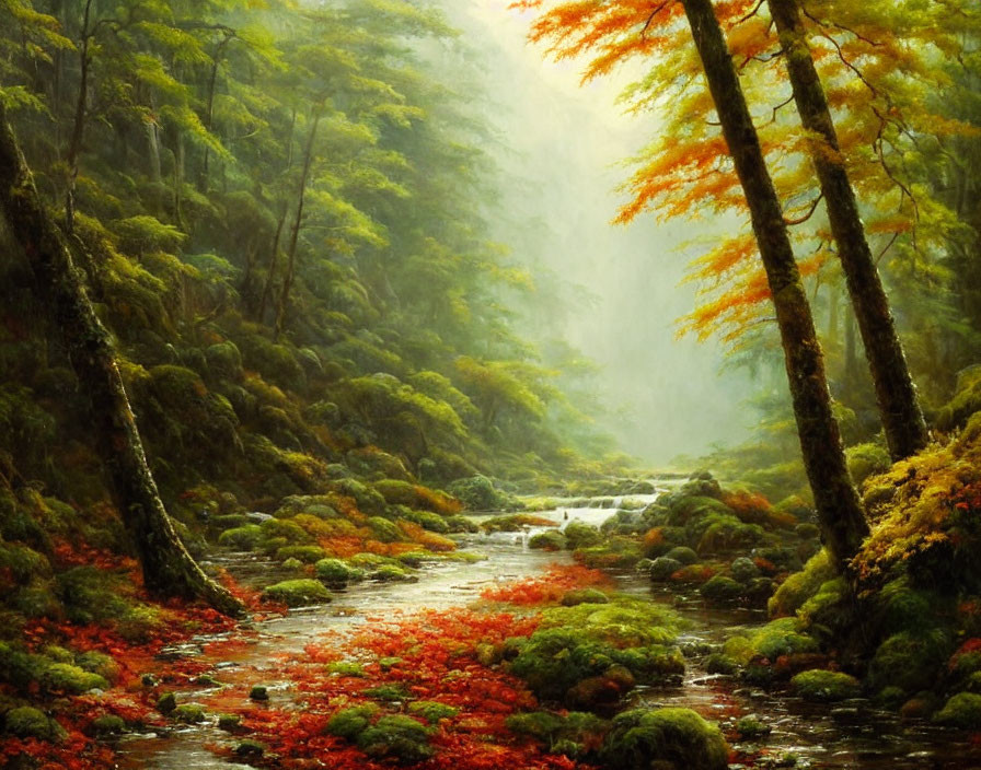 Tranquil forest stream with autumn foliage and misty light