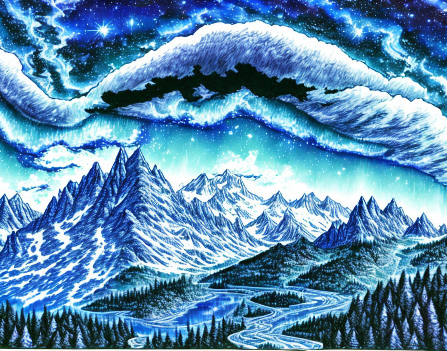 Scenic artwork of starry night sky over snow mountains